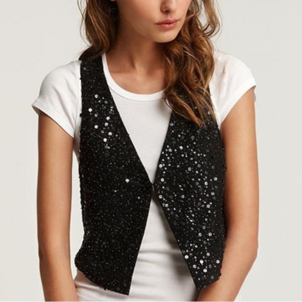 Eileen Fisher Sequin Encrusted Matka Vest‎ Silk Racer Back Black Cropped Sz M